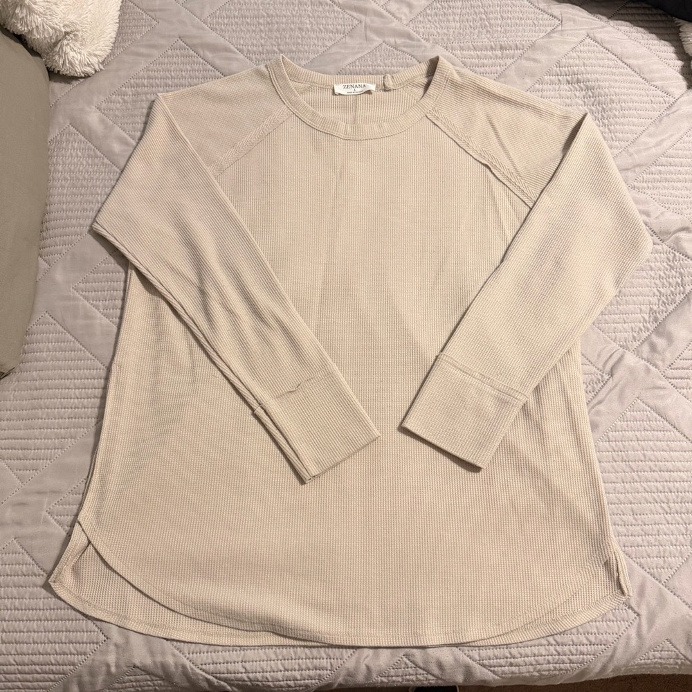 Zenana Women’s Neutral Light Brown Woven Waffle Knit Tunic Sweater Size Large